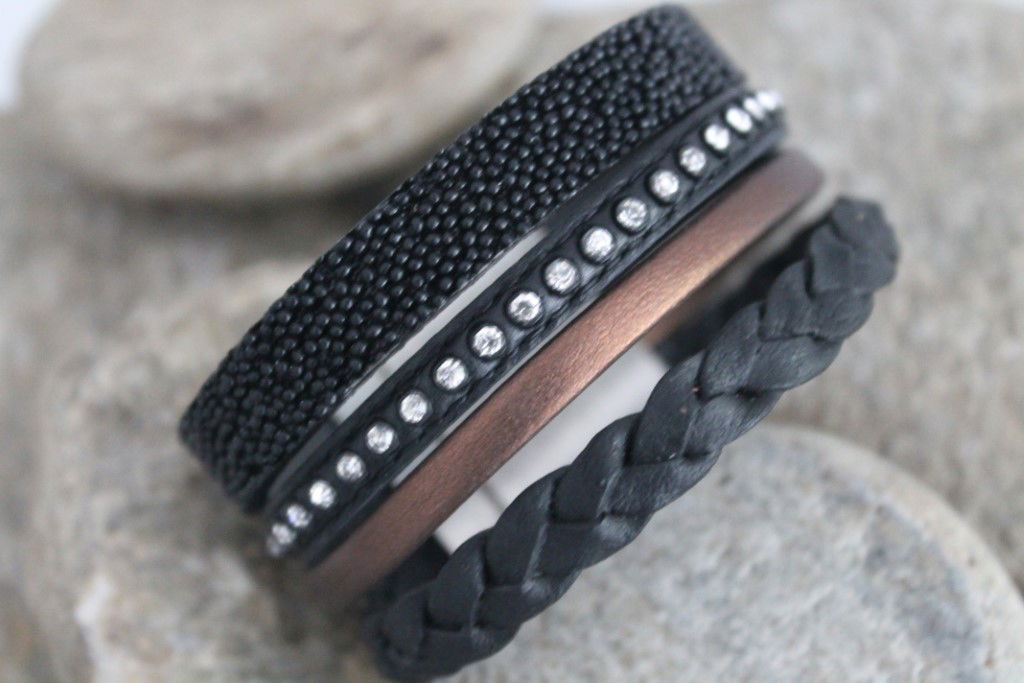 N°15 Lederen Armband Zwart Brons Gevlochten met Swarovski