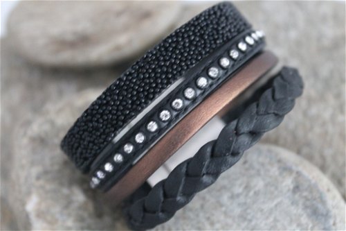 N°15 Lederen Armband Zwart Brons Gevlochten met Swarovski