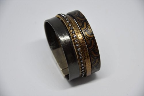 N°17 Lederen Armband Zwart Goud Patroon