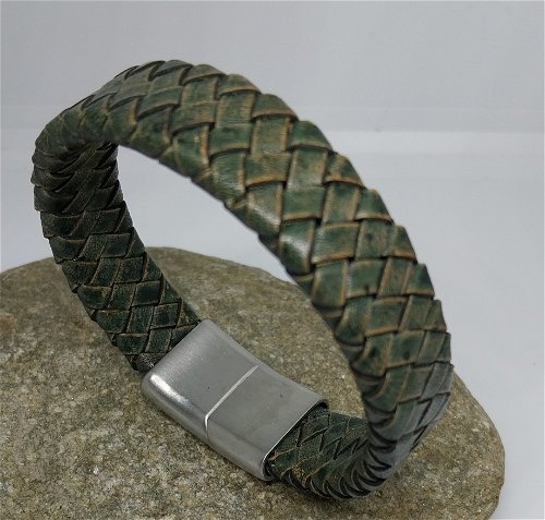 N°5 Lederen Armband Groen Gevlochten
